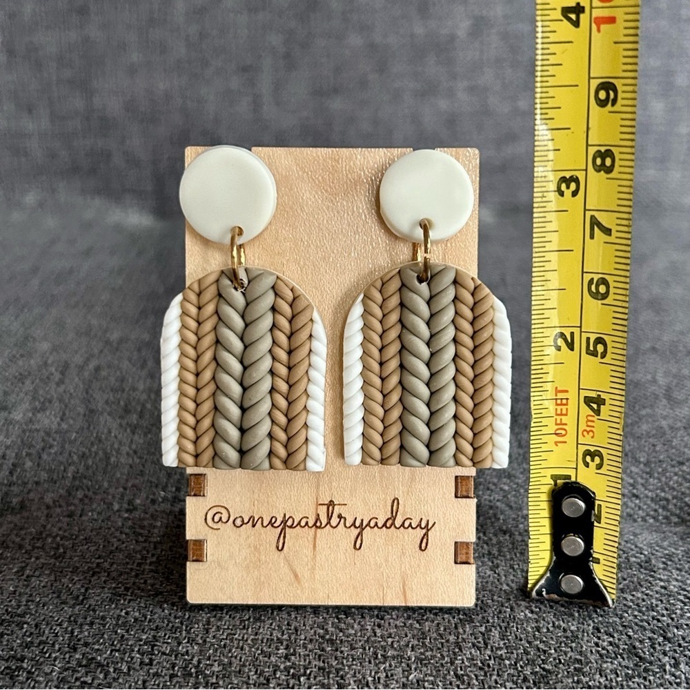 Fun, Cable Knit Sweater Pattern Clay Drop Dangle Earrings, White, Tan - Picture 10 of 16